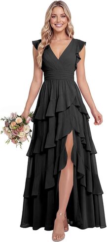 Tiered Chiffon V Neck Bridesmaid Dress Asymmetrical Slit Flutter Sleeve Ruched Wedding Guest Dress for Women L01031 in Saudi Arabia