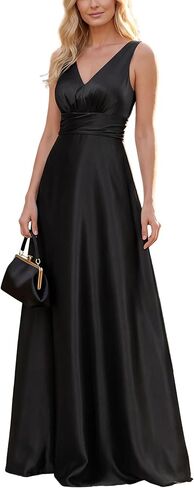 Ever-Pretty Women's Summer Satin V Neck Formal Wedding Guest Dress Floor Length Empire Waist Bridesmaid Dresses with Pockets in Kuwait