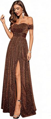 Women's Off the Shoulder Glitter Formal Evening Gown Built-in Bra with High Slit Sparkly Maxi Dress for Prom Wedding in Saudi Arabia