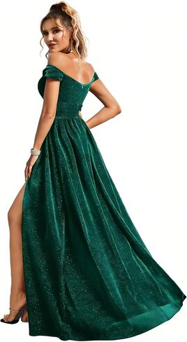 Women's Off the Shoulder Glitter Formal Evening Gown Built-in Bra with High Slit Sparkly Maxi Dress for Prom Wedding in Saudi Arabia