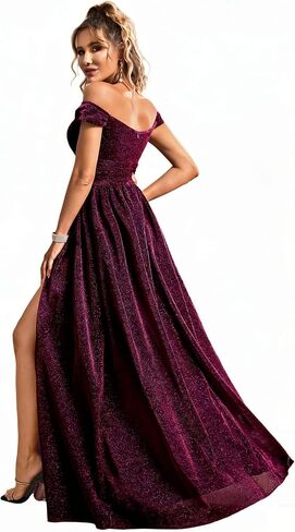 Women's Off the Shoulder Glitter Formal Evening Gown Built-in Bra with High Slit Sparkly Maxi Dress for Prom Wedding in Saudi Arabia