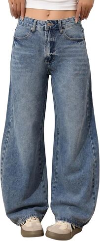 Womens Barrel Baggy Jeans Mid Waisted Wide Leg Y2K Boyfriend Denim Pants Vintage Loose Long Trousers in Kuwait