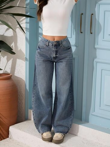 Womens Barrel Baggy Jeans Mid Waisted Wide Leg Y2K Boyfriend Denim Pants Vintage Loose Long Trousers in Kuwait