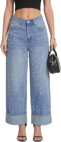 YEXPINE Women's Pearl Embellished Jeans High Rise Wide Leg Cuffed Hem Demin Pants in Kuwait