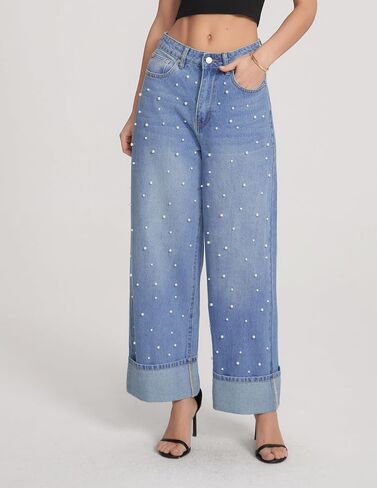 YEXPINE Women's Pearl Embellished Jeans High Rise Wide Leg Cuffed Hem Demin Pants in Kuwait