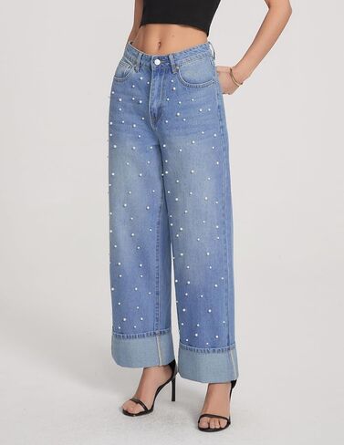 YEXPINE Women's Pearl Embellished Jeans High Rise Wide Leg Cuffed Hem Demin Pants in Kuwait