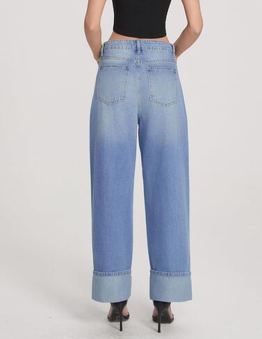 YEXPINE Women's Pearl Embellished Jeans High Rise Wide Leg Cuffed Hem Demin Pants in Kuwait