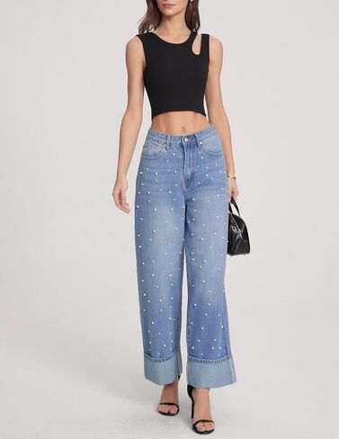 YEXPINE Women's Pearl Embellished Jeans High Rise Wide Leg Cuffed Hem Demin Pants in Kuwait