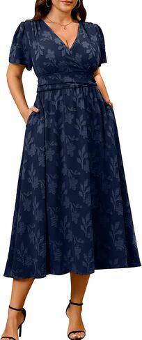 Plus Size Wedding Guest Dress Womens Summer Boho Wrap V Neck Short Sleeve Empire Waist Floral Maxi Dresses with Pockets in Saudi Arabia