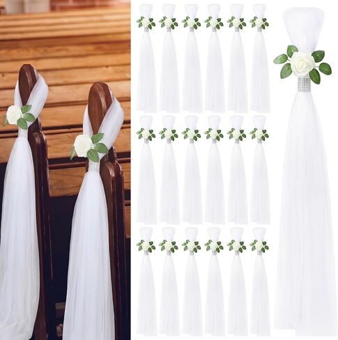 Suncalla 24 Set Large Wedding Aisle Decorations 31.5 Inch Rose Flowers with Long Tulle Tails Church Chair Aisle Decor Pew Wedding Decorations for Ceremony Bridal Shower Reception Anniversary(White) in Kuwait