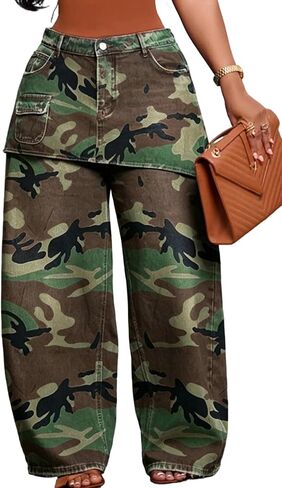 Women's Y2K Baggy Cargo Jeans High Waisted Wide Leg Patchwork Layered Skirt Overlay Denim Pants Streetwear in Saudi Arabia