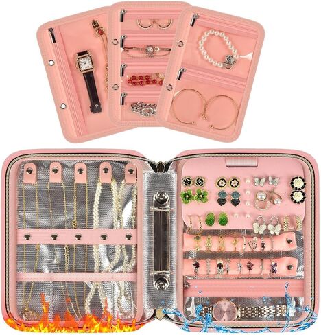 Fire-Resistant Travel Jewelry Organizer Case for Women, Anti-Tangle Jewelry Storage Binder with 3 Removable Clear Pages, Large Jewelry Bag for Necklaces Earrings Rings Bracelets Watches, Pink in Saudi Arabia