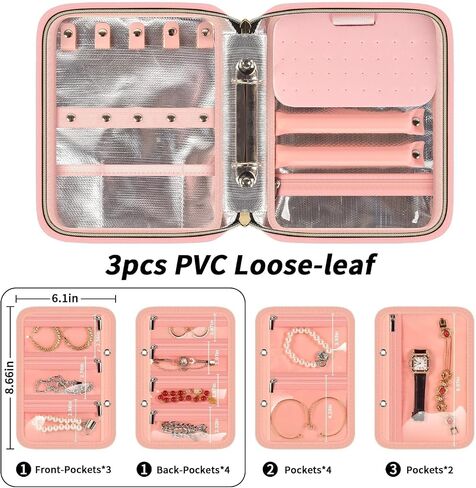 Fire-Resistant Travel Jewelry Organizer Case for Women, Anti-Tangle Jewelry Storage Binder with 3 Removable Clear Pages, Large Jewelry Bag for Necklaces Earrings Rings Bracelets Watches, Pink in Saudi Arabia