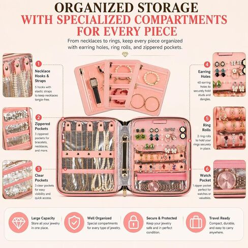 Fire-Resistant Travel Jewelry Organizer Case for Women, Anti-Tangle Jewelry Storage Binder with 3 Removable Clear Pages, Large Jewelry Bag for Necklaces Earrings Rings Bracelets Watches, Pink in Saudi Arabia