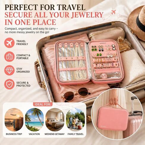 Fire-Resistant Travel Jewelry Organizer Case for Women, Anti-Tangle Jewelry Storage Binder with 3 Removable Clear Pages, Large Jewelry Bag for Necklaces Earrings Rings Bracelets Watches, Pink in Saudi Arabia