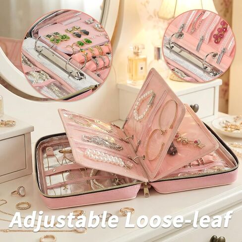 Fire-Resistant Travel Jewelry Organizer Case for Women, Anti-Tangle Jewelry Storage Binder with 3 Removable Clear Pages, Large Jewelry Bag for Necklaces Earrings Rings Bracelets Watches, Pink in Saudi Arabia