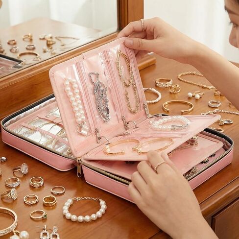 Fire-Resistant Travel Jewelry Organizer Case for Women, Anti-Tangle Jewelry Storage Binder with 3 Removable Clear Pages, Large Jewelry Bag for Necklaces Earrings Rings Bracelets Watches, Pink in Saudi Arabia