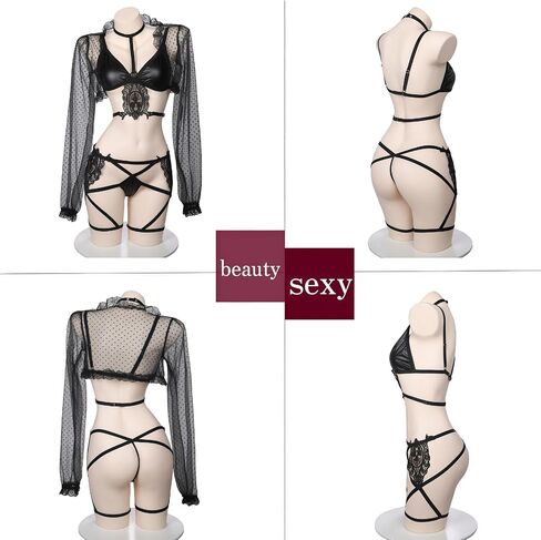 Sexy 3-Piece Lingerie Set – Tempting Roleplay Outfit with Lace Jacket & Tie-Up Bikini for Cosplay, One Size Fits Up to S-M, Please Refer to Size Chart in Kuwait
