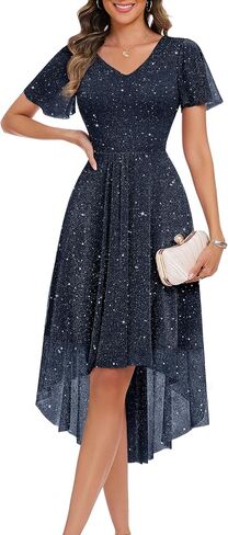 BeryLove Women Sequin Formal Cocktail Dress Aline Short Sleeve Wedding Guest Midi Evening Dress in Saudi Arabia