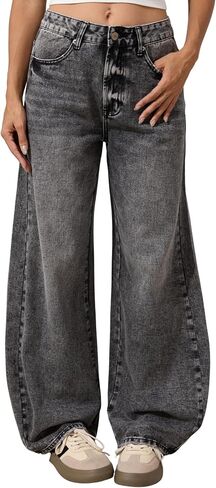 Womens Barrel Baggy Jeans Mid Waisted Wide Leg Y2K Boyfriend Denim Pants Vintage Loose Long Trousers in Kuwait