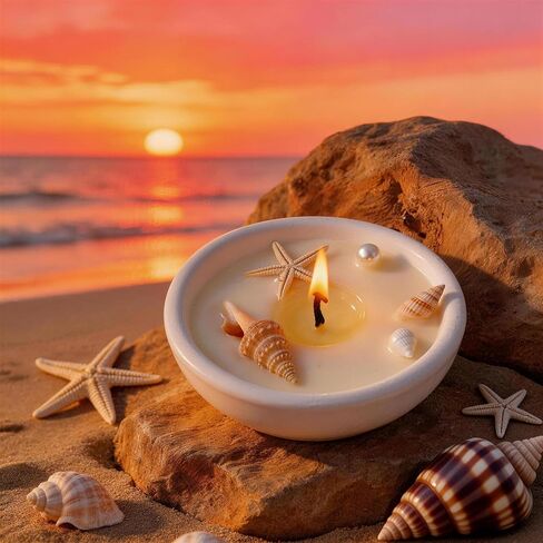 Ocean Scented Candle in Gypsum Bowl,White Shell & Starfish Inspired,Coastal Beach Theme Aroma Soy Wax Decorative Candle for Beach Lovers,Home Decor in Saudi Arabia