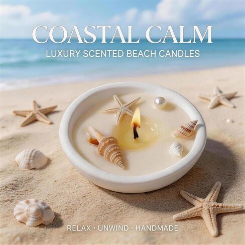 Ocean Scented Candle in Gypsum Bowl,White Shell & Starfish Inspired,Coastal Beach Theme Aroma Soy Wax Decorative Candle for Beach Lovers,Home Decor in Saudi Arabia