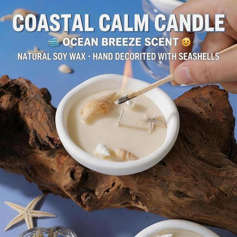 Ocean Scented Candle in Gypsum Bowl,White Shell & Starfish Inspired,Coastal Beach Theme Aroma Soy Wax Decorative Candle for Beach Lovers,Home Decor in Saudi Arabia