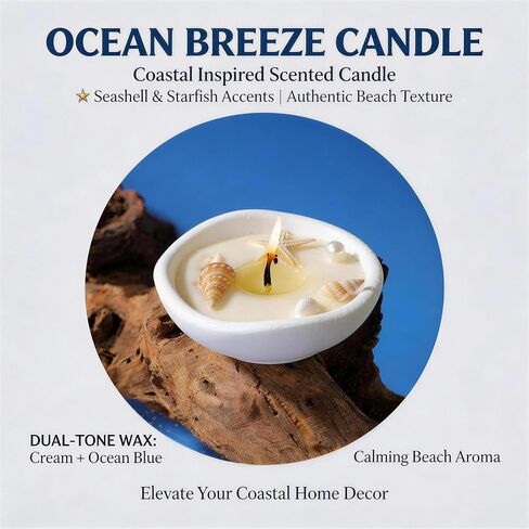 Ocean Scented Candle in Gypsum Bowl,White Shell & Starfish Inspired,Coastal Beach Theme Aroma Soy Wax Decorative Candle for Beach Lovers,Home Decor in Saudi Arabia