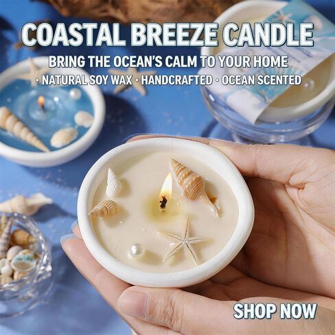 Ocean Scented Candle in Gypsum Bowl,White Shell & Starfish Inspired,Coastal Beach Theme Aroma Soy Wax Decorative Candle for Beach Lovers,Home Decor in Saudi Arabia