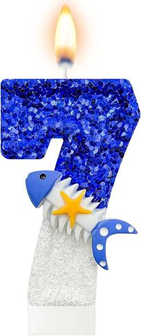 Mauin Ocean-Themed Number Candles, Blue and White Sparkle Birthday Candles with Fishbone and Starfish Designs, Nautical-Style Ocean-Themed Cake Decorations for Summer Beach and Pool Parties(6) in Saudi Arabia