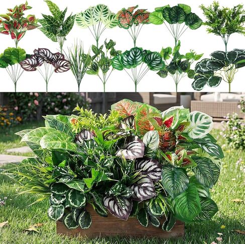 Giegxin 18 Pcs Outdoor Artificial Plants Flowers UV Resistant Fake Bushes Greenery Stems Faux Shrubs for Outdoor Window Box Patio Porch Yard Decor(Plant) in Kuwait