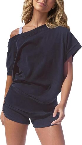 Eutten 2 Piece Short Sets for Women Color Block Workout Athletic Set Off The Shoulder Top & Shorts Matching Lounge Outfits in Kuwait
