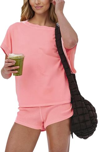 Eutten 2 Piece Short Sets for Women Color Block Workout Athletic Set Off The Shoulder Top & Shorts Matching Lounge Outfits in Saudi Arabia