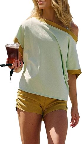 Eutten 2 Piece Short Sets for Women Color Block Workout Athletic Set Off The Shoulder Top & Shorts Matching Lounge Outfits in Kuwait