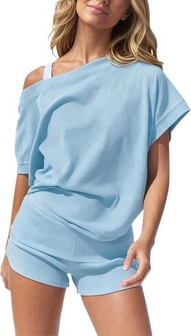 Eutten 2 Piece Short Sets for Women Color Block Workout Athletic Set Off The Shoulder Top & Shorts Matching Lounge Outfits in Kuwait