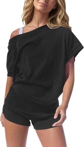 Eutten 2 Piece Short Sets for Women Color Block Workout Athletic Set Off The Shoulder Top & Shorts Matching Lounge Outfits in Kuwait