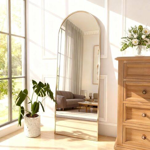Arched Full Length Mirror 56"x15" Gold | Aluminum Frame Shatterproof Glass, Freestanding Leaning Wall Mounted Mirror for Bedroom Living Room Entryway, Modern in Kuwait