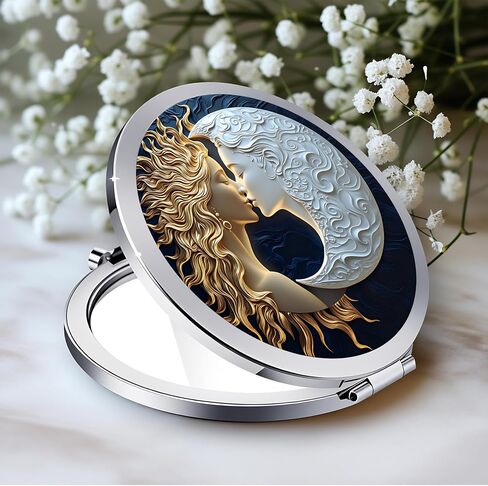 Silver Compact Mirror, 2.8x2.8inch Double-Sided Folding Makeup Mirror with Golden Tail Mermaid Design, Ideal Gift for Women in Kuwait