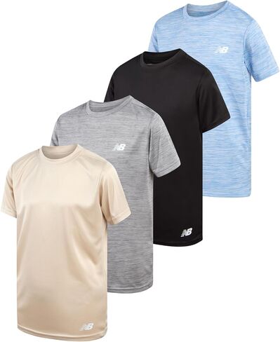 New Balance Boys' Active T-Shirts - 4 Pack Short Sleeve Crew Neck Athletic Performance Dry Fit Shirts for Boys (Sizes: 4-20), Size 18-20, Rain Space Sky Black in Kuwait