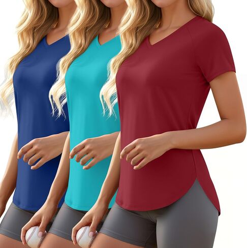 3 Pack Women's Workout T-Shirts Quick-Dry Short Sleeve Top V Neck Slim Fit Raglan Side Split Gym Yoga Athletic Tees in Saudi Arabia