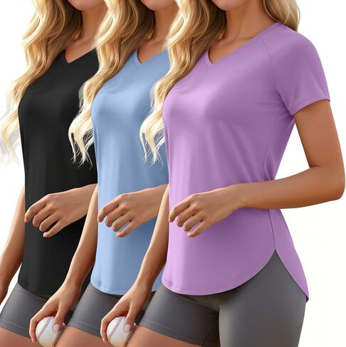 3 Pack Women's Workout T-Shirts Quick-Dry Short Sleeve Top V Neck Slim Fit Raglan Side Split Gym Yoga Athletic Tees in Saudi Arabia