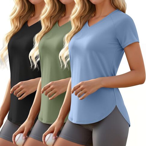 3 Pack Women's Workout T-Shirts Quick-Dry Short Sleeve Top V Neck Slim Fit Raglan Side Split Gym Yoga Athletic Tees in Saudi Arabia