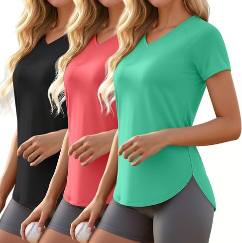 3 Pack Women's Workout T-Shirts Quick-Dry Short Sleeve Top V Neck Slim Fit Raglan Side Split Gym Yoga Athletic Tees in Saudi Arabia