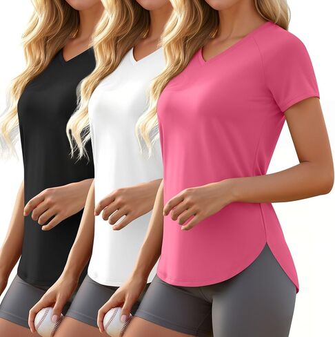 3 Pack Women's Workout T-Shirts Quick-Dry Short Sleeve Top V Neck Slim Fit Raglan Side Split Gym Yoga Athletic Tees in Saudi Arabia