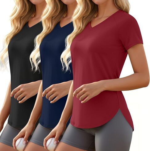 3 Pack Women's Workout T-Shirts Quick-Dry Short Sleeve Top V Neck Slim Fit Raglan Side Split Gym Yoga Athletic Tees in Saudi Arabia