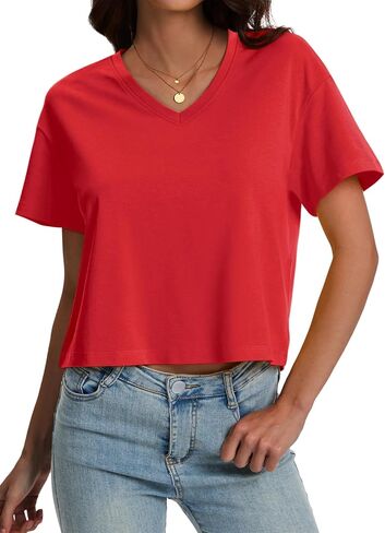 SMENG Women's Cropped T Shirts Loose Cotton Soft UPF50+ Basic Tshirt Vneck Short Sleeve Breathable Tees 2026 in Saudi Arabia
