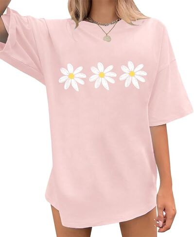 Oversized Floral T-Shirt for Women Vintage Daisy Graphic Tee with Summer Flower Print Short Sleeve Casual Tops in Saudi Arabia