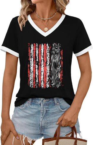 PECHAR 4th of July Shirts Women American Flag T-Shirt Faith Family Freedom Tshirt V-Neck Short Sleeve Patriotic Tees in Kuwait