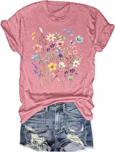 Women's Boho Wildflower Graphic Loose Tees Vintage Floral Short Sleeve T-Shirts Summer Cotton Tee Tops in Kuwait