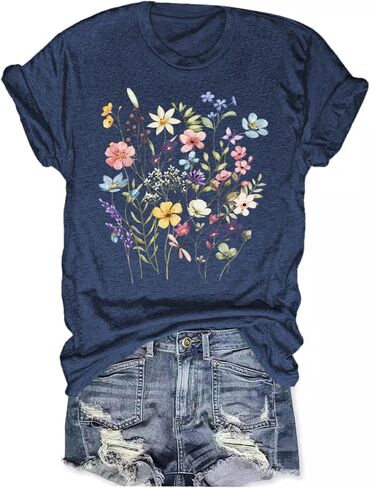 Women's Boho Wildflower Graphic Loose Tees Vintage Floral Short Sleeve T-Shirts Summer Cotton Tee Tops in Saudi Arabia